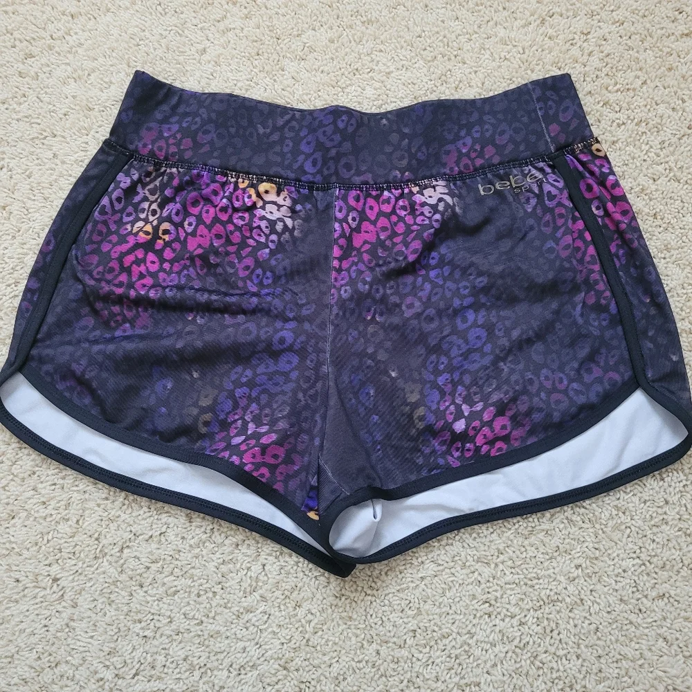 Bebe Sport Purple Multicolrlor Leopard Print Gym Shorts